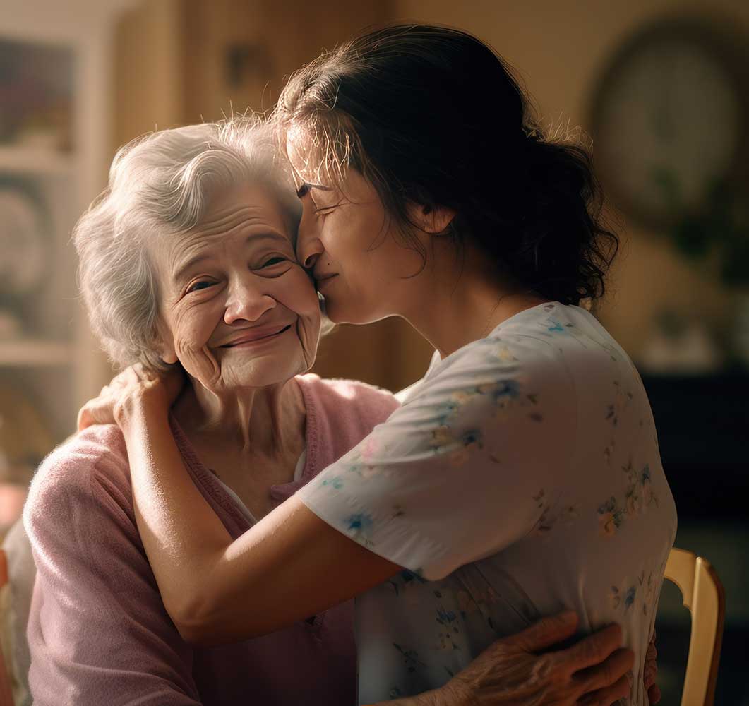 young woman caring for elderly mom